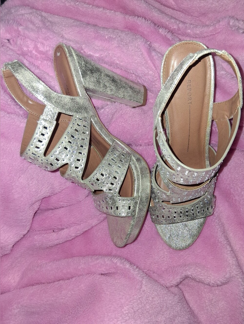 Report Gold Sparkle Strappy Block Heel Sandals 5" Tall.